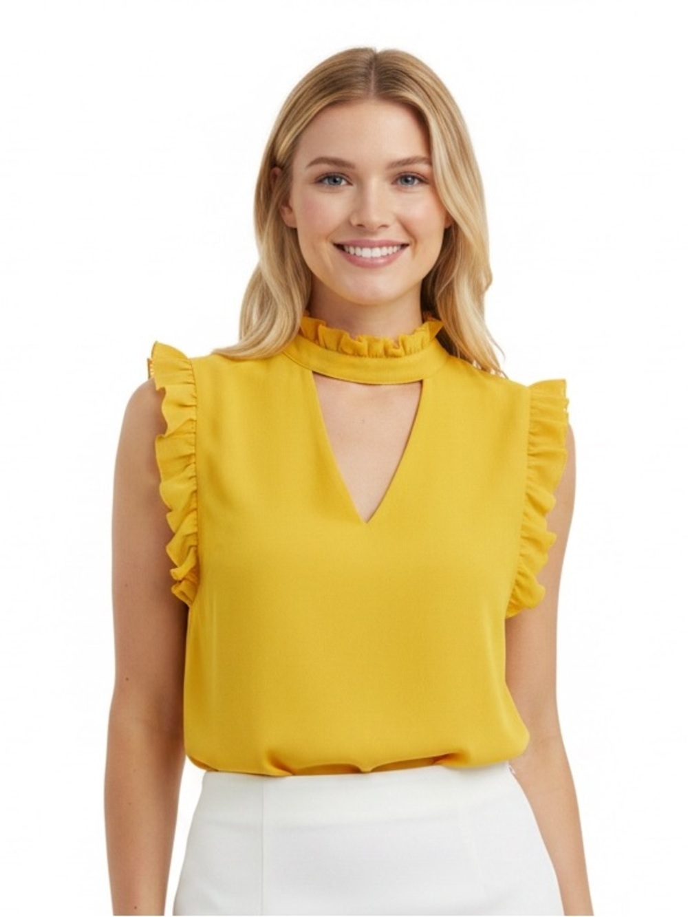Amaryllis Marigold Frayed Cut Out Blouse Top